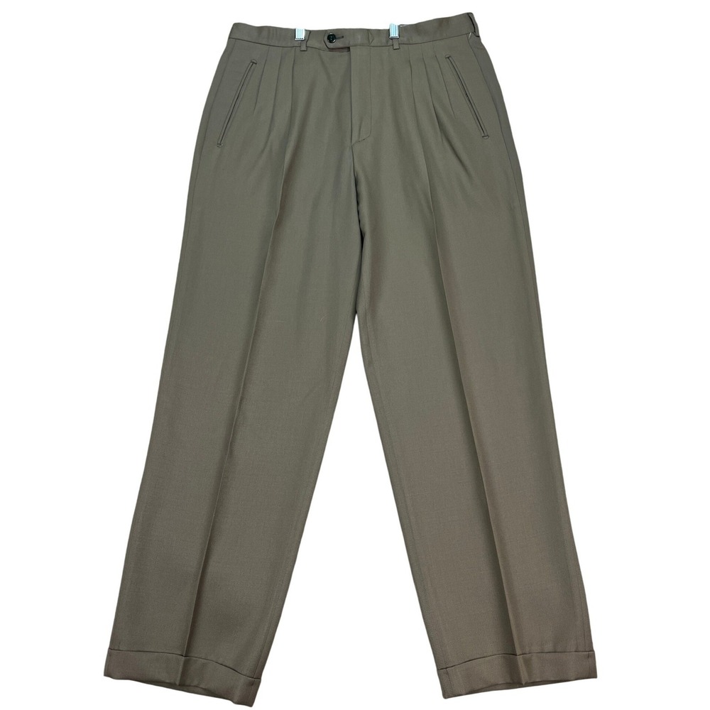 Zanetti Pants Mens 34x31 Olive Brown Double Pleated Marzotto Wool Italy Made EUC